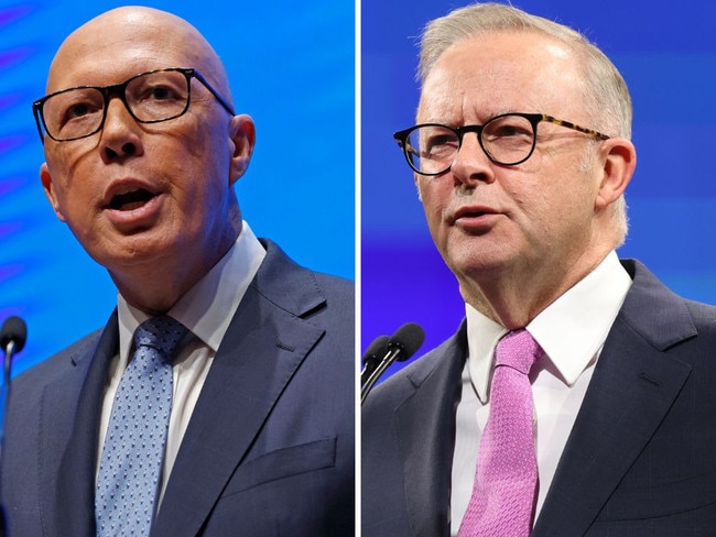 Peter Dutton and Anthony Albanese at their respective campaign launches on Sunday.