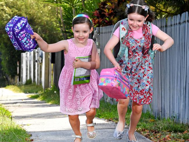 4 year old Elise O'Connor and 6 year old Evie O'Connor at their home in Mt Gravatt.Qld parents are forking out hundres before the school year even starts, with experts saying it's an increasing shift of the financial burden from government funding to parents.Sunday November 29, 2020. Picture, John Gass