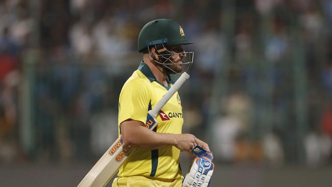 Australia's captain Aaron Finch reacts as he leaves the field after losing his wicket during the second T20 international cricket match between India and Australia in Bangalore, India, Wednesday, Feb. 27, 2019. (AP Photo/Aijaz Rahi)