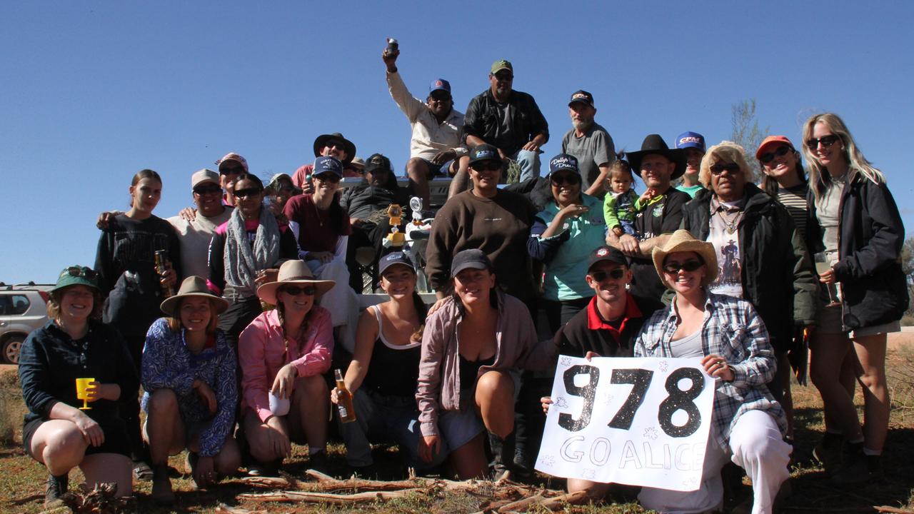 The Alice family, out to show support Alice, who is racing in this year's Finke. The 2025 Finke Desert Race has begun, with hundreds of punters lining the track south of Alice Springs to catch the action. Picture: Gera Kazakov