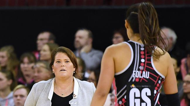 Maria Folau of the Thunderbirds talks to Tania Obst coach of the Thunderbirds during the round 9 Super Netball match between the Thunderbirds and the Swifts at Adelaide Entertainment Centre. Picture: Mark Brake/Getty Images