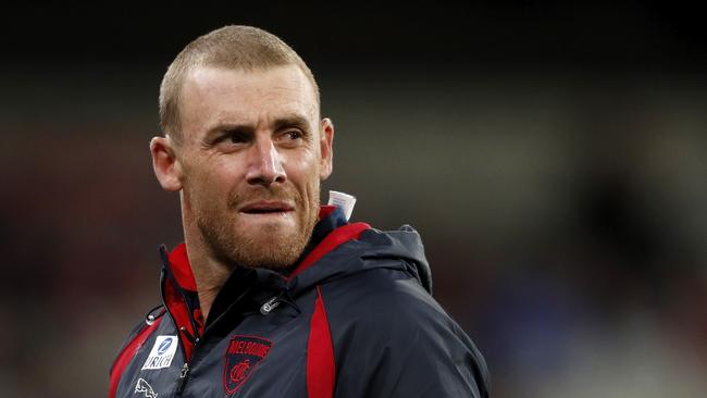 MELBOURNE, AUSTRALIA - APRIL 24: Senior coach Simon Goodwin of the Demons looks on during the 2021 AFL Round 06 match between the Melbourne Demons and the Richmond Tigers at the Melbourne Cricket Ground on April 24, 2021 in Melbourne, Australia. (Photo by Dylan Burns/AFL Photos via Getty Images)