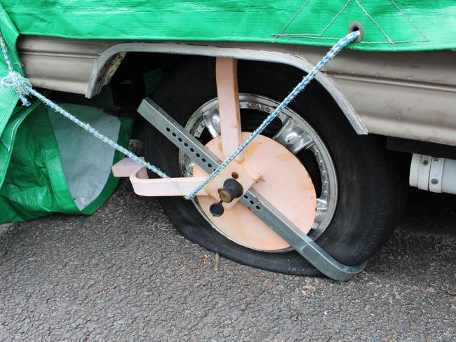 A slashed boat trailer tyre in Rosebery St, Mosman.