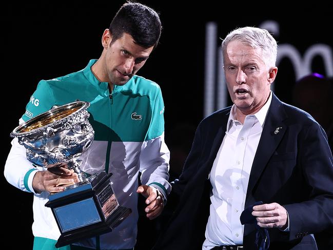 Novak Djokovic and Craig Tiley at the Australian Open in 2021. Picture: Cameron Spencer