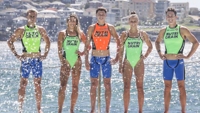 (From left) Matt Bevilacqua, Lana Rogers, Conner Maggs, Lizzie Welborn and Ali Day at the launch of the Nutri-Grain Ironman/woman Series at Bondi Icebergs. Picture: Surf Life Saving Australia