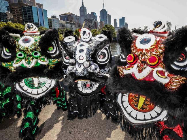 Crown Melbourne officially launches Chinese Lunar New Year celebrations on Monday, 31 January to  the Year of The Tiger. Hung Gar Yau Shu Martial Arts School suit up in dragons. Picture : Ian Currie