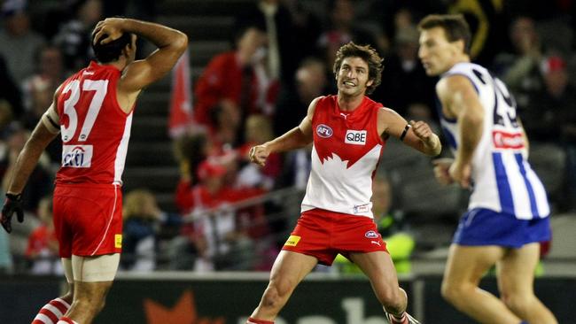 Brett Kirk celebrates what he thought was a match-winning goal before seeing on the big screen it was a point.