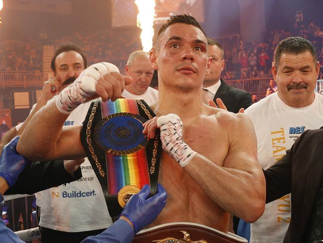 NEWCASTLE, AUSTRALIA - JULY 07: Tim Tszyu celebrates his win during the WBA Oceania WBO Global super welterweight title fight between Tim Tszyu and Stevie Spark at Newcastle Entertainment Centre on July 07, 2021 in Newcastle, Australia.  (Photo by Mark Evans/Getty Images)