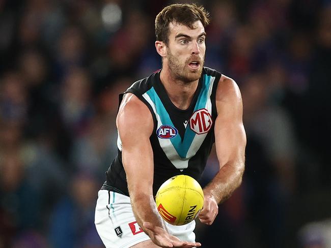 MELBOURNE, AUSTRALIA - JUNE 09: Scott Lycett of the Power in action during the 2023 AFL Round 13 match between the Western Bulldogs and the Port Adelaide Power at Marvel Stadium on June 9, 2023 in Melbourne, Australia. (Photo by Michael Willson/AFL Photos via Getty Images)