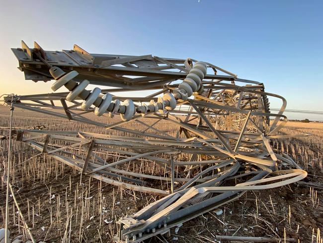 Fallen transmission towers north of Cressy, Victoria. Picture: Chris Cutajar