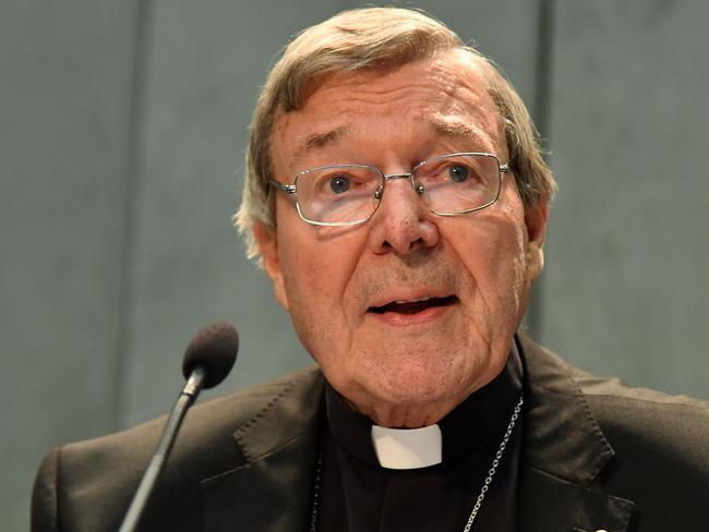 Cardinal George Pell during the press conference. Picture: AFP Photo/Alberto Pizzoli