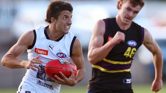 Thomas Anastasopoulos of the Geelong Falconsin the Coates Talent League Boys match between Murray Bushrangers and Geelong Falcons at Queen Elizabeth Oval in Bendigo. Picture: Graham Denholm/AFL Photos