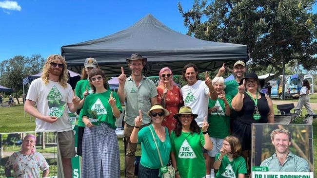 Wendy Firefly, centre back, surrounded by fellow Greens party members and supporters.