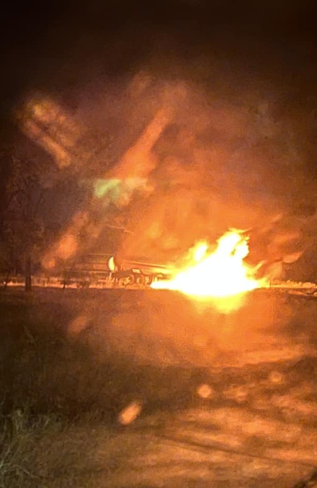 Fire crews were called after a B Double Tanker carrying two trailers full of diesel caught fire overnight. Picture: Supplied