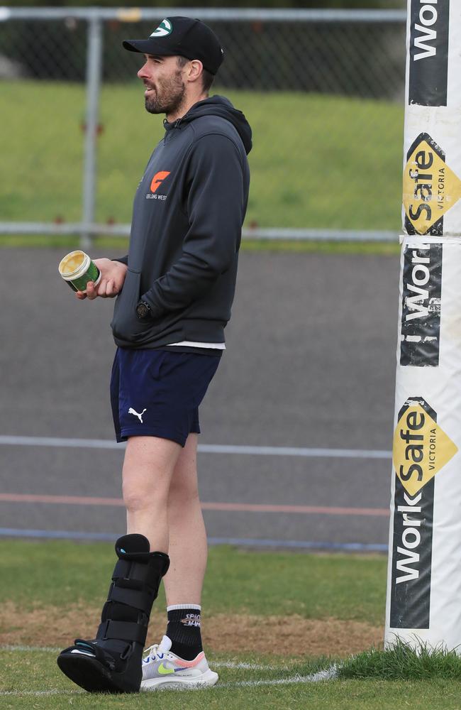 Football GDFL Round 11 : Geelong West v Bell Post Hill.Geelong West player Matt Hebbard out injured doing duties as assistant coachPicture: Mark Wilson