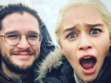 Kit Harington and Emilia Clarke on set of Game of Thrones. Picture: @emilia_clarke