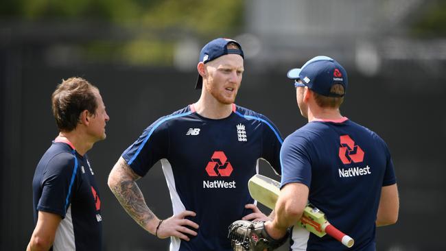 HAMILTON, NEW ZEALAND — FEBRUARY 17: England player Ben Stokes (c) chats with backroom staff during England Cricket nets at Seddon park ahead of their T2O match against New Zealand Black Caps on February 17, 2018 in Hamilton, New Zealand. (Photo by Stu Forster/Getty Images)