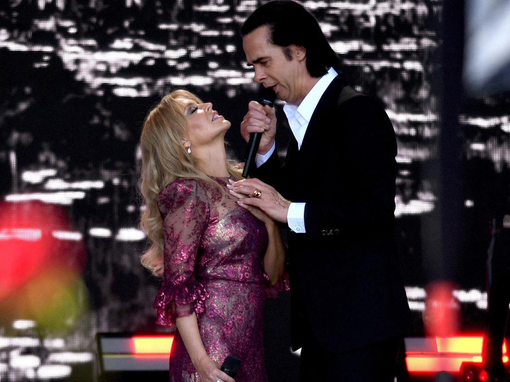 Kylie Minogue performs an intimate version of Where the Wild Roses Grow with Nick Cave. Picture: AFP.