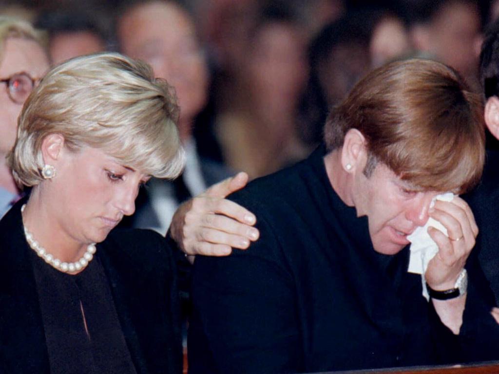 Elton John and Diana reconciled after a brief falling out at designer Gianni Versace’s funeral in 1997. Picture: Supplied