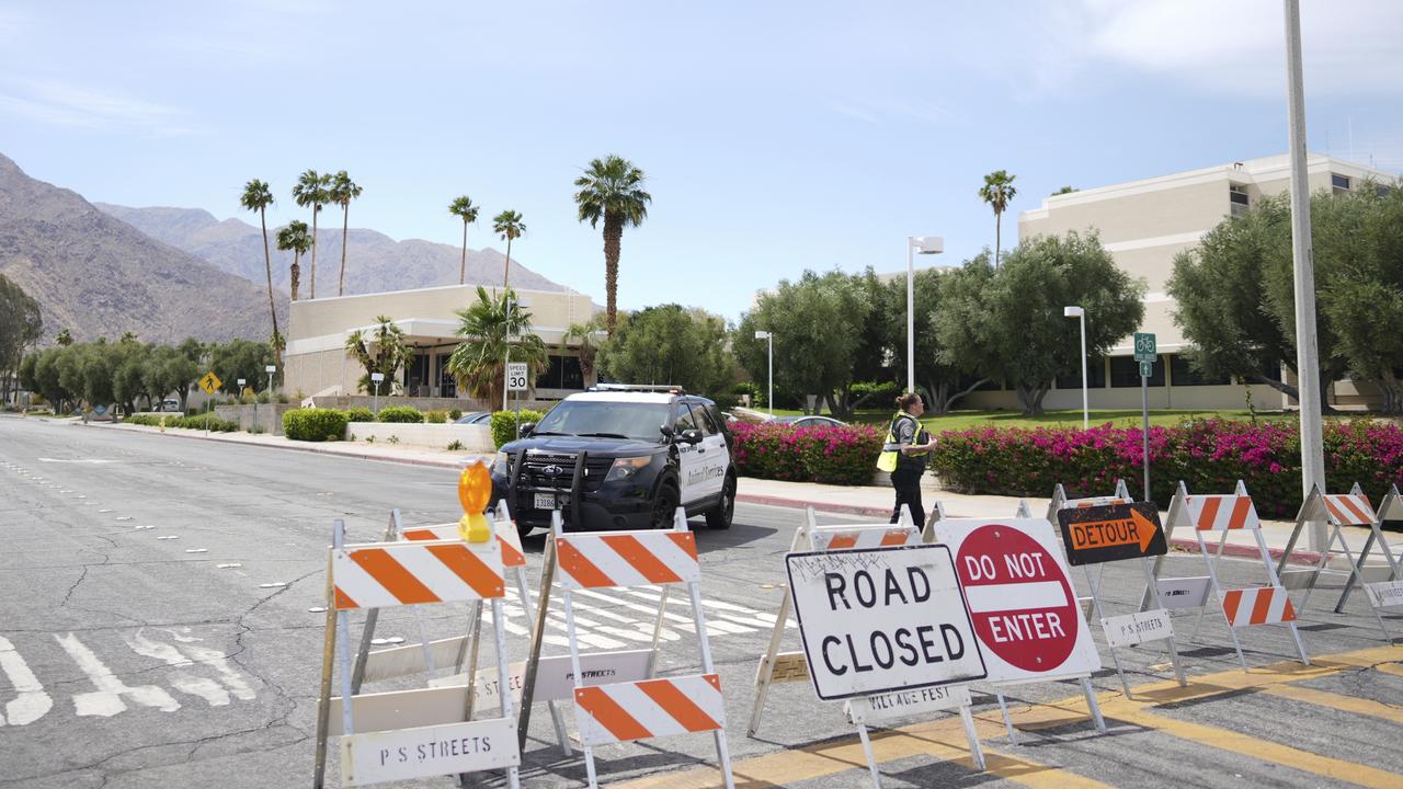 A road is closed near the site of an explosion Saturday, May 17, 2025, in Palm Springs, Calif. (AP Photo/Eric Thayer)