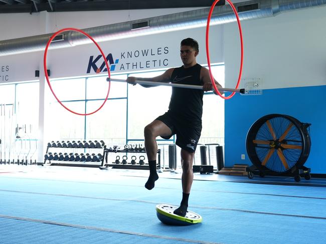 Latrell Mitchell in the US working with reconditioning coach Bill Knowles. Picture: Sunny Brar/South Sydney Rabbitohs