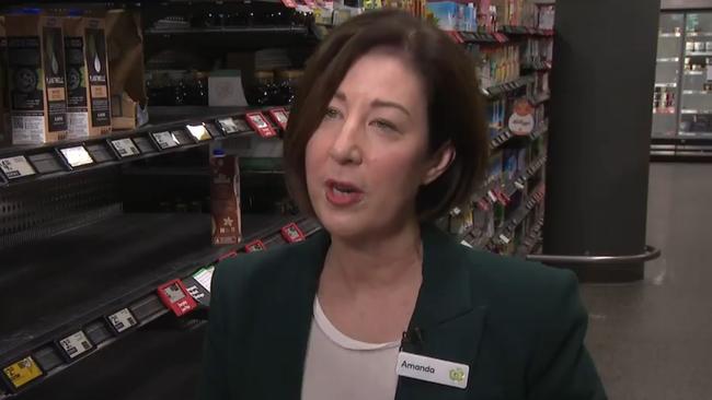 Woolworths chief Amanda Bardwell explains why her supermarkets’ shelves are bare. Picture: 9 News