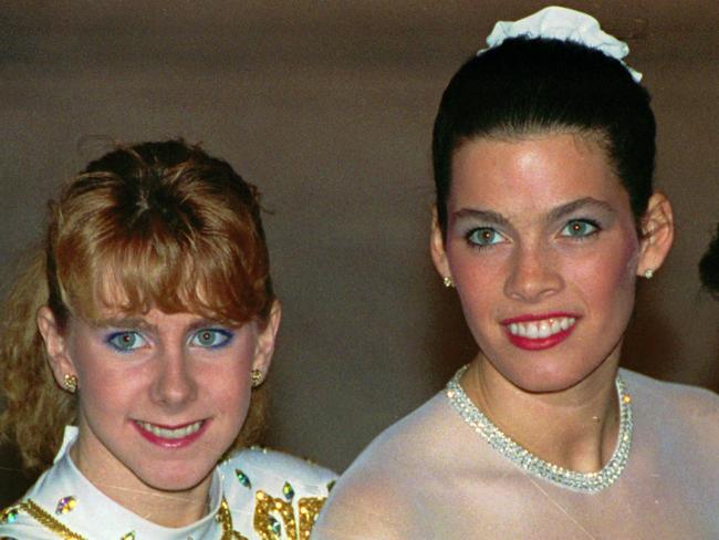 Tonya Harding (left) and Nancy Kerrigan at the 1992 Figure Skating Championships. Picture: AP Photo/Phil Sandlin, File