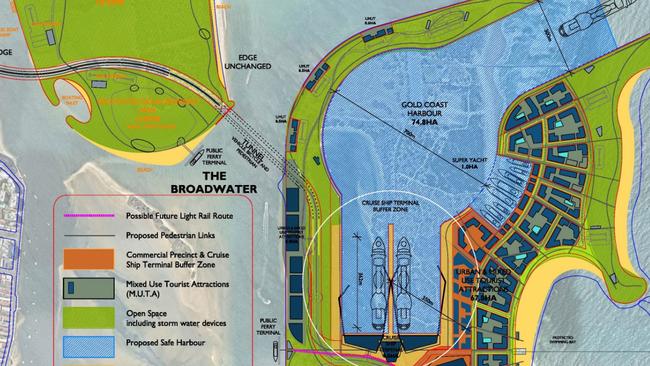 Breakwater Group cruise ship terminal and superyachts berths and land development plan for The Spit, linking to Wavebreak Island via underwater tunnel - it proposes a four-berth cruise ship terminal, and eight-berth superyacht marina, both accessed via a dredged channel off The Spit.