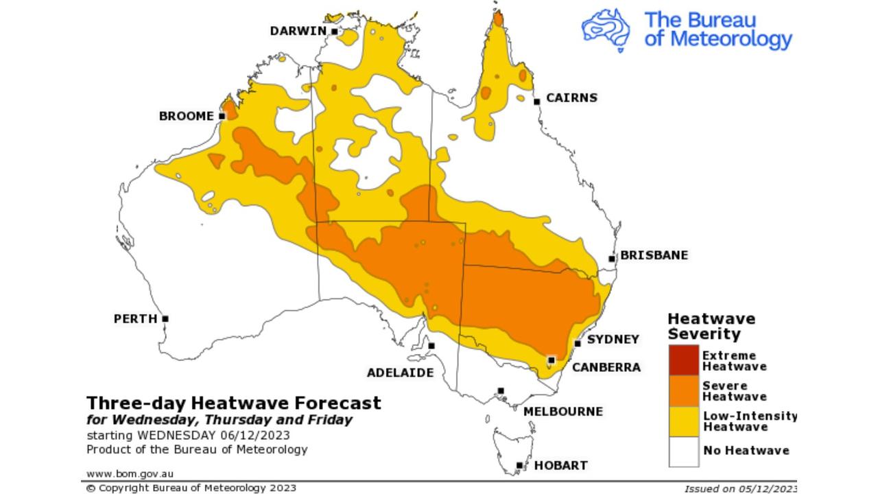 The heat will cover most of the country through the middle of the week. Picture: Bureau of Meteorology