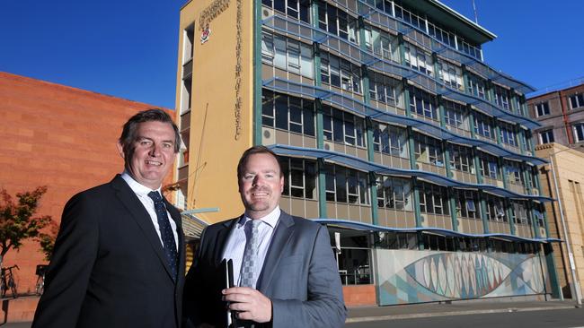 Scott Newton and Hayden Peck, from Knight Frank, who were given the task of selling the Conservatorium of Music building on Sandy Bay Rd. Picture: LUKE BOWDEN