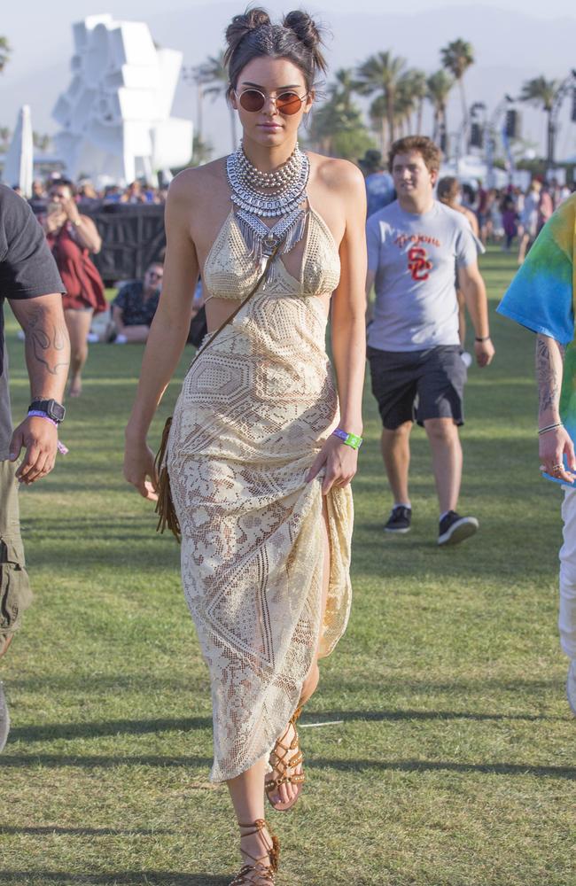 Kendal Jenner channelled Princess Leia with her Coachella crochet dress and buns look. Picture: Splash