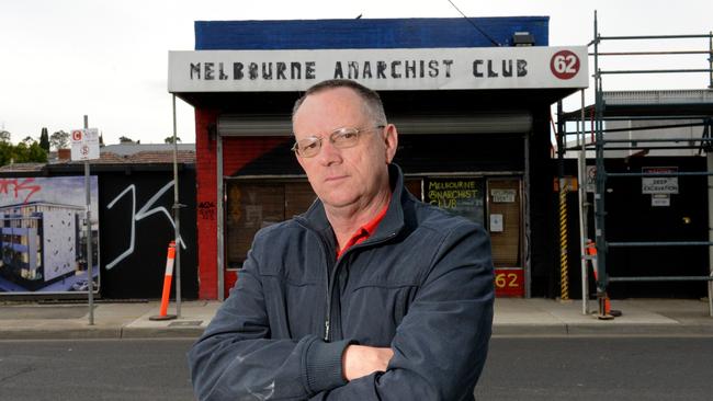 Melbourne anarchist Leigh Kendal outside the site as development next to it began. Picture: Kylie Else