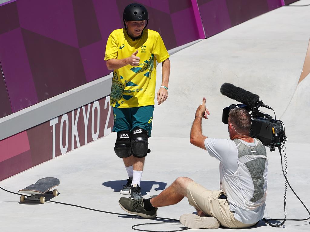 You OK, mate? The cameraman gives a thumbs up. Picture: Jamie Squire/Getty Images