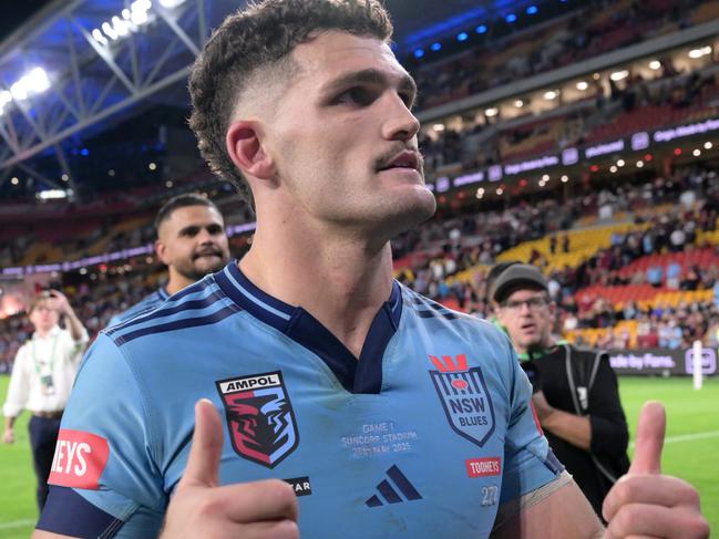BRISBANE, AUSTRALIA - MAY 28: Nathan Cleary of the Blues reacts following game one of the Men's State of Origin series between Queensland Maroons and New South Wales Blues at Suncorp Stadium on May 28, 2025 in Brisbane, Australia. (Photo by Bradley Kanaris/Getty Images)