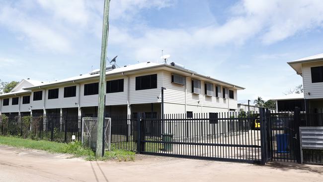 New staff accommodation for Aurukun school teachers have been built near the police station and heavily fortified, with 7 foot steel fencing surrounding the compound and security guards patrolling the grounds 24 hours a day. Picture: Brendan Radke