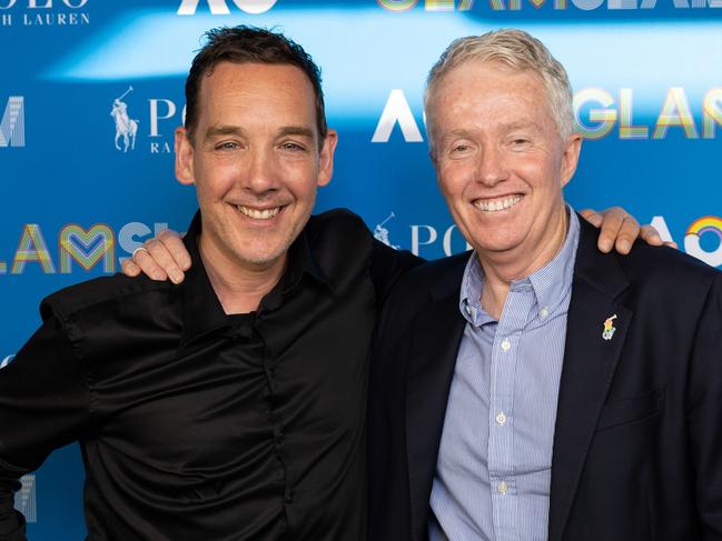 Sports Minister Steve Dimopoulos and Craig Tiley. Picture: Tennis Australia/ Fiona Hamilton