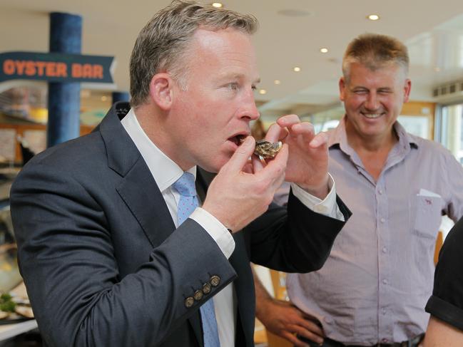 Premier Will Hodgman and William Mure from Mures Restaurant with some fresh oysters. Brand Tasmania and Deptartment of State Growth launch multi-lingual wesbite promoting Tasmanian food and beverages