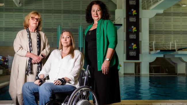 Disability advocates Jenny Dixon from Speak Out Advocacy, Alyssa Gavlik from Disability Voices Tasmania, and CEO of Autism Tasmania Donna Blanchard are all concerned that the plan for a warm hydrotherapy pool at the Doone Kennedy Aquatic Centre wont come into fruition. Picture: Linda Higginson.