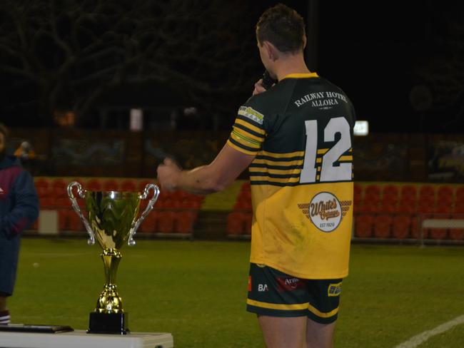 Wattles Warriors captain Jordan Henry gives a post match speech after his side's 16-12 defeat to Dalby Diehards.