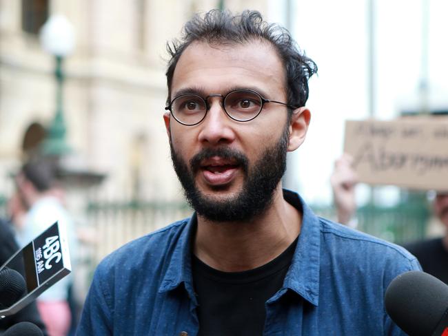 Councillor Jonathan Sri speaks to the media after his peaceful protest march to Parliament House, Brisbane, Wednesday August 28, 2019. (AAP/Image Sarah Marshall)