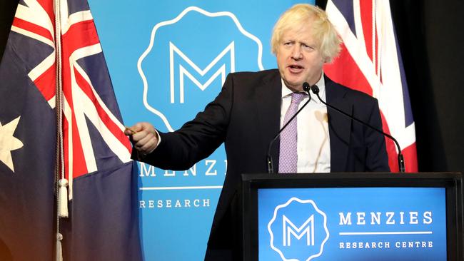 Boris Johnson giving the 2023 John Howard Lecture on Wednesday. Picture: Jane Dempster