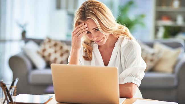 Business woman stress, burnout or laptop anxiety 404 error, financial stress or mental health in house. Depression, tired or remote employee with headache from audit, tax finance or financial debt, mortgage interest rates generic