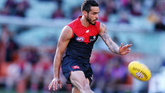 Jeff Garlett snaps a goal for Melbourne. Picture: Michael Klein