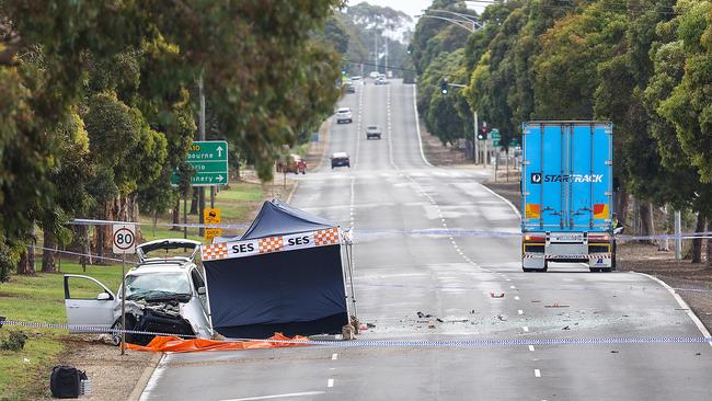 Debris was strewn across the road in the aftermath of the crash. Picture: Ian Currie