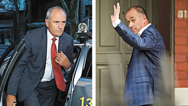 NAB Chairman Ken Henry, left, arrives at ABC studios in Sydney tonight and the bank's chief executive Andrew Thorburn at his home in Melbourne. Pictures: Britta Campion, Stuart McEvoy