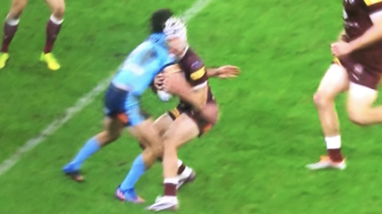 Nathan Cleary escaped sanction for his tackle on Kalyn Ponga in Game II. Picture: Channel 9