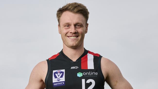 MELBOURNE, AUSTRALIA - MARCH 12: Trent Mynott of Frankston poses during the 2024 VFL/W Season Launch at ETU Stadium on March 12, 2024 in Melbourne, Australia. (Photo by Graham Denholm/AFL Photos/via Getty Images)