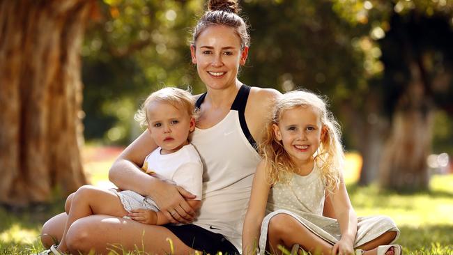 Jess Taha with kids Leila (5yrs) and Freya (2yrs) at Centennial Park today. Picture: Sam Ruttyn