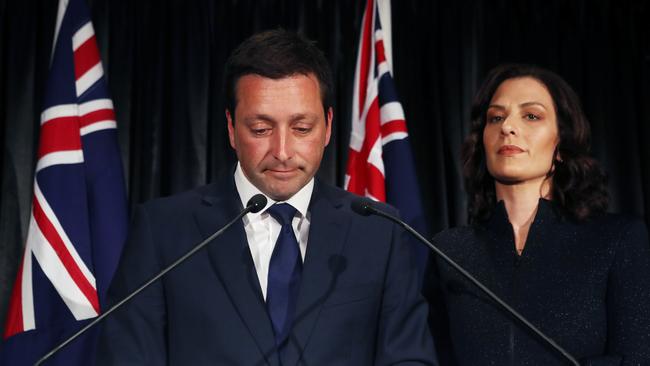 Leader of the Victorian Liberal party Matthew Guy and wife Renae announce defeat in the Victorian state election on Saturday night.