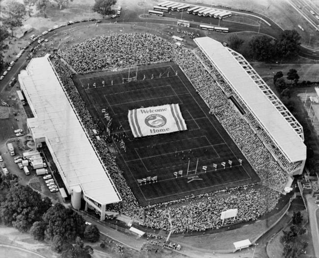 Aerial view of the opening of Parramatta Stadium on March 18, 1986, prior to the Parramatta versus St George game. Picture: Ian Mainsbridge